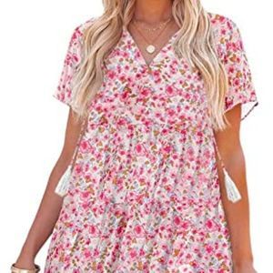 Women's Summer Boho Floral Casual V Neck Short Sleeve Ruffle Hem A-Line Dresse
